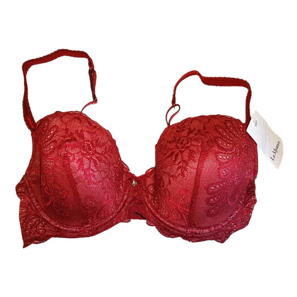 Le Mystere Lace Overlay Bra 34E Wine Underwire Balconette Lightly Padded Shimmer